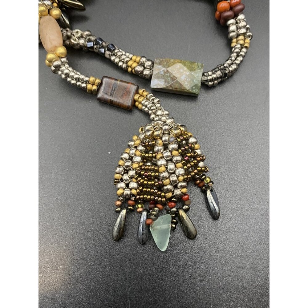 Artisan  Necklace Boho Natural Stone Shell Glass Bead Antiqued Bronze Toggle 38" - Picture 12 of 13